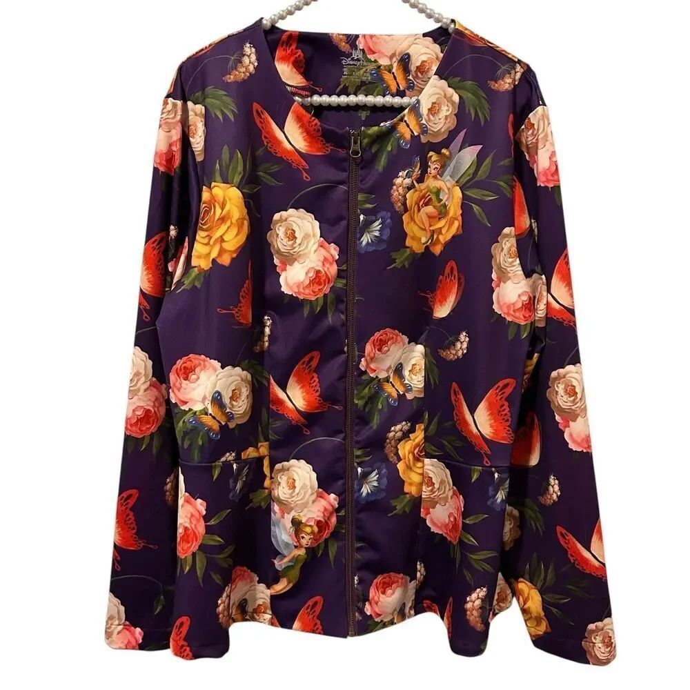 Disney Parks Tinker Bell Jacket Womens XL Purple Floral Butterfly Zip Print